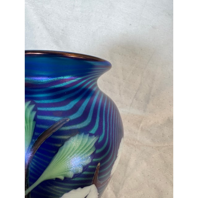 Glass Orient & Flume Floral Blue Art Glass Vase, Signed For Sale - Image 7 of 12