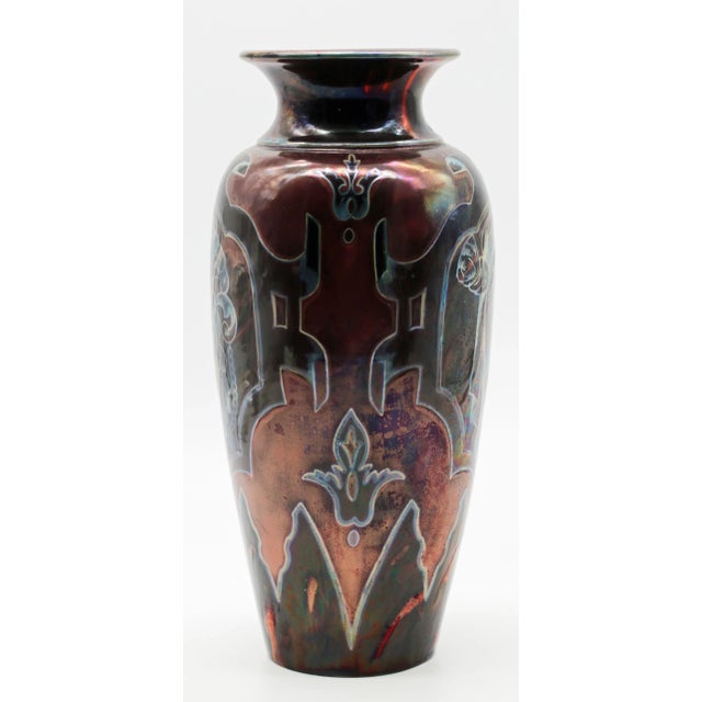 Ceramic Clement Massier Monumental Iridescent Lustre Vase With Mask Medallions For Sale - Image 7 of 7