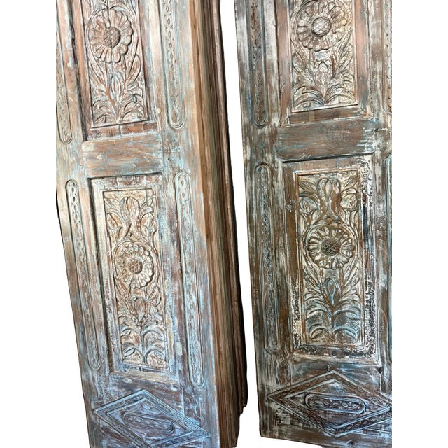 1920s Antique Carved Wooden Door Panel | Distressed Blue Floral Rustic Barn Door 96x27 For Sale - Image 5 of 6