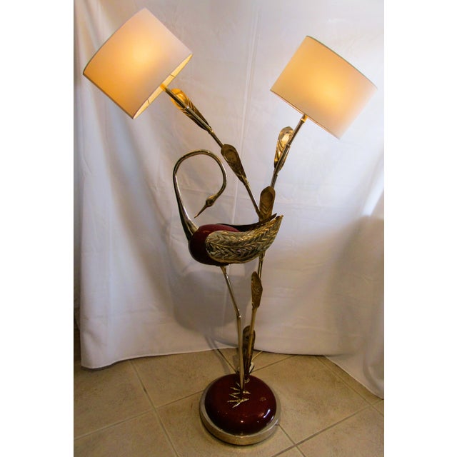 This is a rare Antonio Pavia brass and red lacquered wood stork floor lamp from the 1980s. This contemporary lamp features...