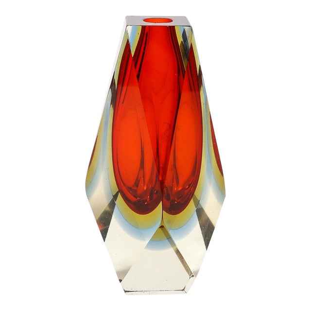 Mid-Century Hand-Blown Faceted Murano Glass Sommerso Ruby & Transparent Vase For Sale