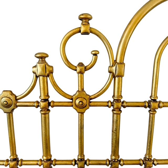 Antique English Victorian Solid Brass Full Size Headboard, Tall Post, 100% Brass, Arched Scrollwork C. 1890s For Sale - Image 4 of 13