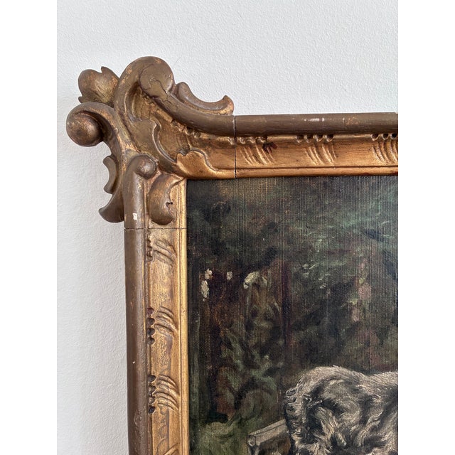Antique Original Oil Painting of Woman With Dogs in a Garden For Sale - Image 9 of 16