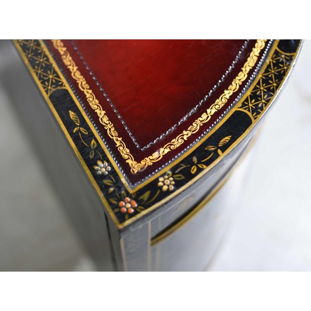 Wood Mid Century French Chinoiserie Leather Top DemiLune Commode - A Pair For Sale - Image 7 of 14