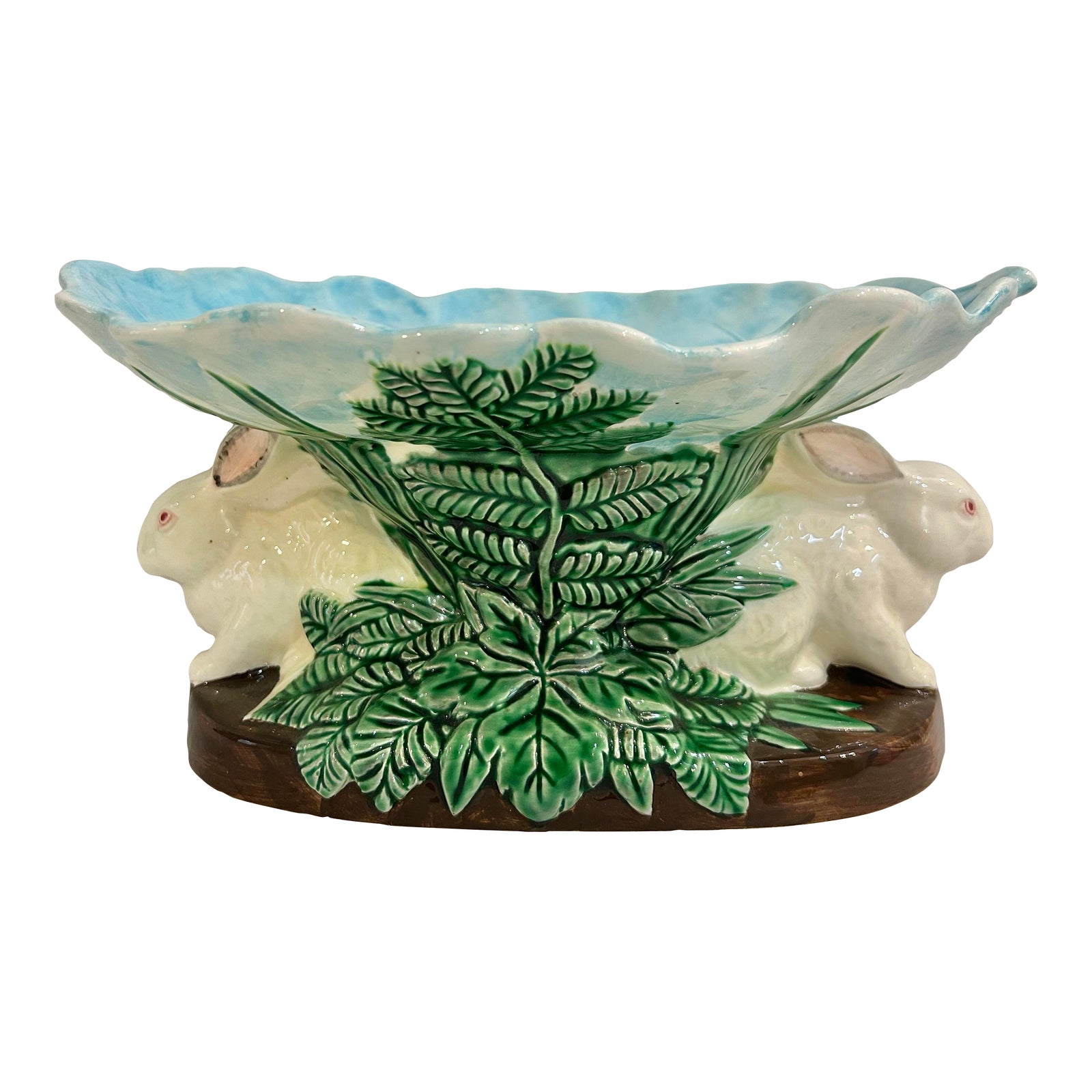 1985 Haldon Group Majolica Style Bunny Rabbit Compote | Chairish