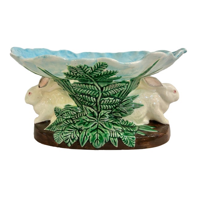 1985 Haldon Group Majolica Style Bunny Rabbit Compote For Sale
