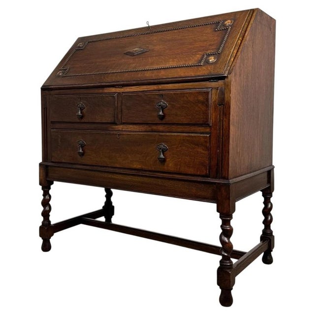 Early 20th Century Antique English Jacobean Oak Bureau For Sale - Image 3 of 14