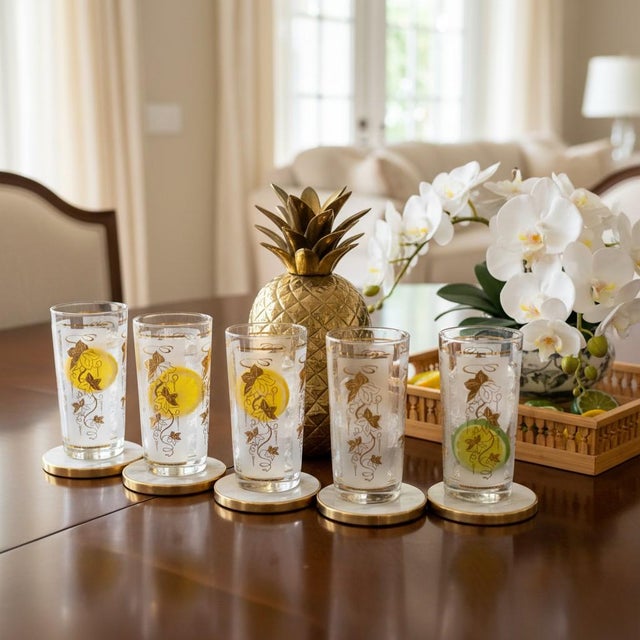 Libbey Glass Co. Vintage Libbey 22k Gold Leaf Ivy Highball Glasses-Set of 6-Mid Century Barware For Sale - Image 4 of 11