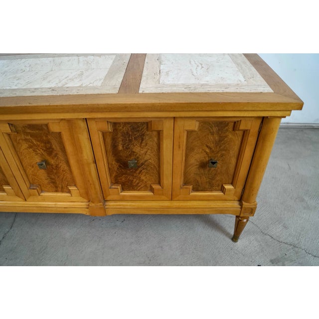 1960’s Hollywood Regency Burl Wood & Travertine Credenza / Low Console Table For Sale - Image 11 of 12