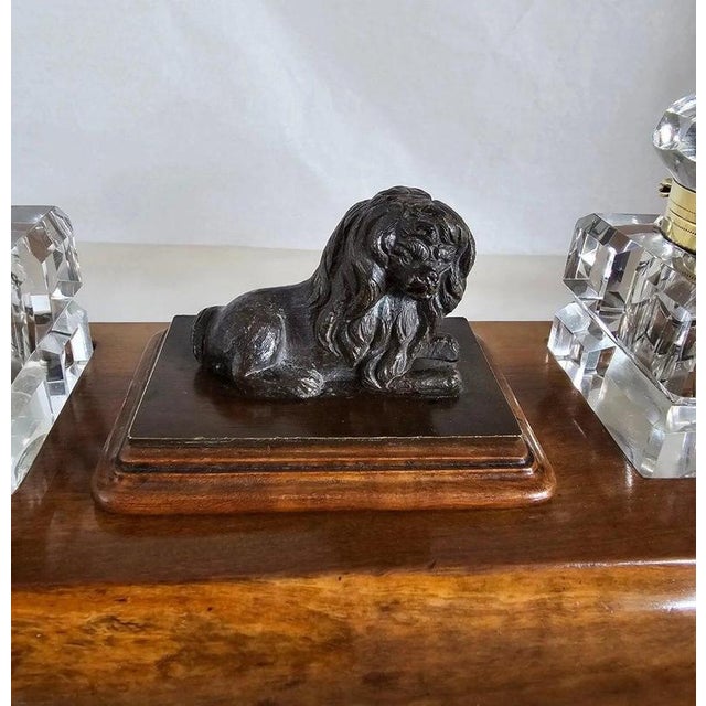 19th Century Olive Wood Twin Inkwell Standish with Bronze Lion Dog For Sale - Image 14 of 18