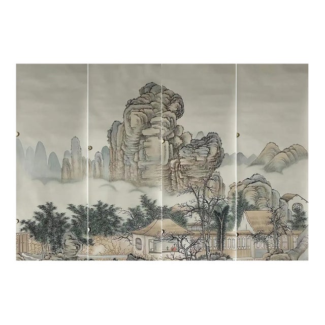 Mountain Mural Hand Painted Wallpaper - 4 Panels For Sale