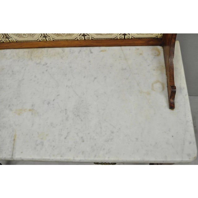 Antique Victorian Walnut Marble Top Washstand Good Luck Swastika Tile Backsplash For Sale - Image 12 of 18