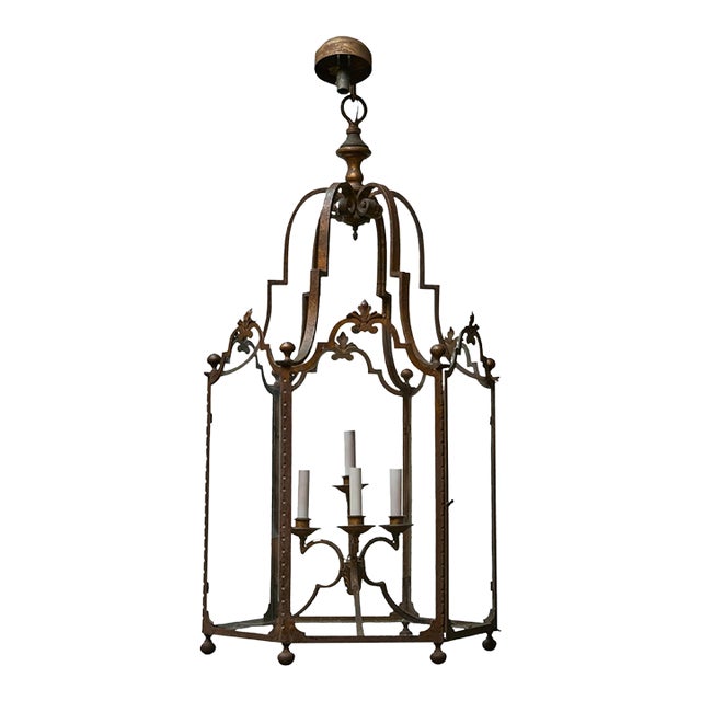 Tall French Wrought Iron Lantern With Glass Panels and Scroll Detailing - 1900s For Sale