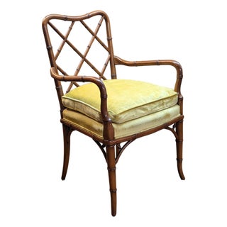 Italian Hollywood Regency Faux Bamboo Chinese Chippendale Mohair Velvet X-Back Armchair, Circa 1970s For Sale