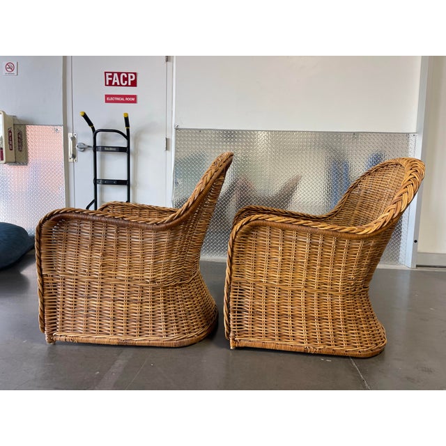 Wood Vintage Organic Modern Braided Rattan Lounge Chairs With Ottoman For Sale - Image 7 of 12