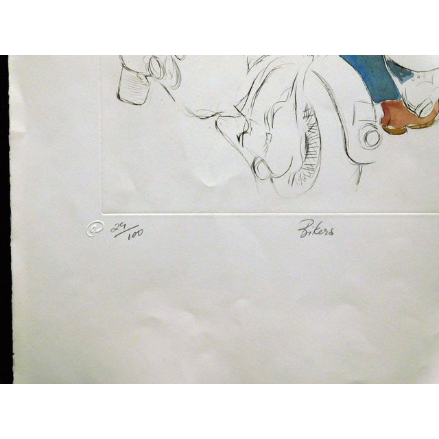 William Papas "Bikers" Signed Numbered Hand Colored Etching of Motorcyclists For Sale - Image 4 of 7