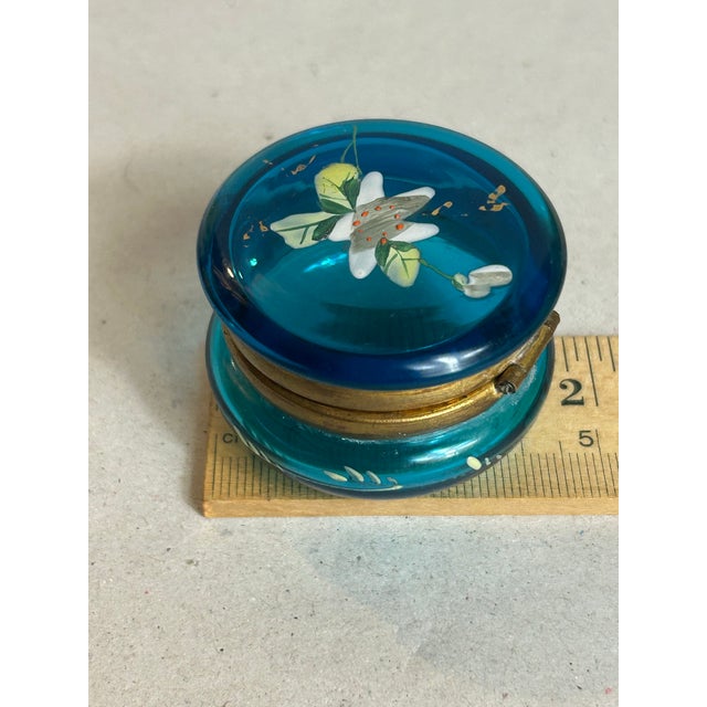 Antique Victorian Vanity Trinket Box Bohemian Floral Painted Cobalt Blue Glass For Sale - Image 10 of 12