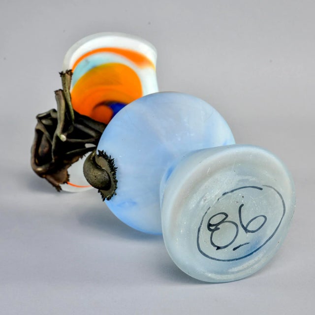 Filip Ravert Blue Art Glass Vase With Bronze Flower Overlay For Sale - Image 9 of 11