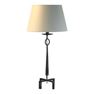 Mid 20th Century Tall Patinated Wrought Iron Table Lamp With Custom Parchment Shade For Sale
