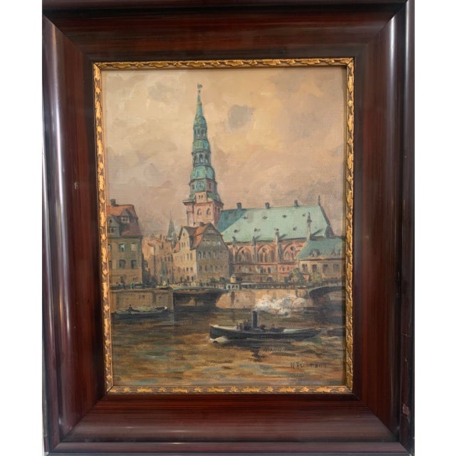 Willy Ashmann German Harbor Cityscape, Hamburg St. Catherine’s Church, Framed Oil Painting, Early 20th Century For Sale In San Francisco - Image 6 of 9
