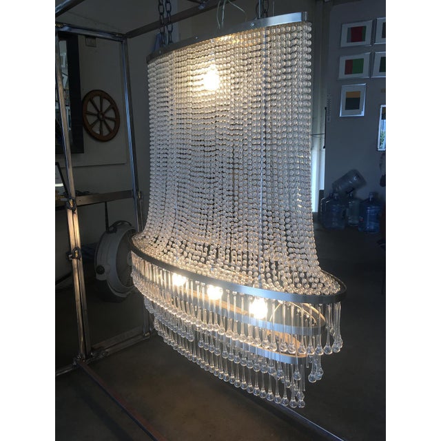 1990s Mid-Century Modern Glass Bead and drops Chandelier Large Satin Nickel Frame For Sale - Image 4 of 18