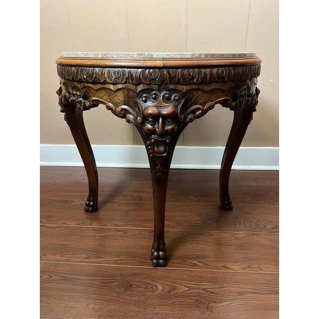 Antique French Renaissance Revival Center Table Round Marble Carved Walnut C1900 For Sale - Image 13 of 18
