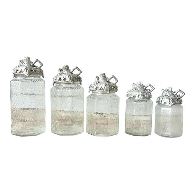 2002 Arthur Court “Grape” Glass & Aluminum Complete 5-Piece Canister Set For Sale