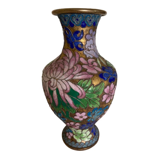 Vintage Japanese Cloisonné Brass and Enamel Vase For Sale
