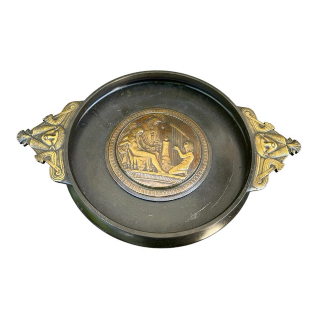 Antique Egyptian Revival Figural Embossed Bronze Footed Compote Tazza Bowl For Sale