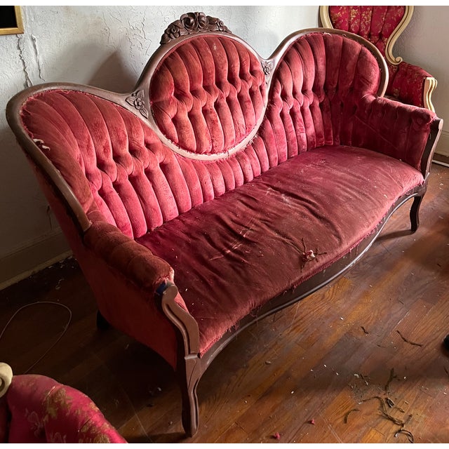 Mid 20th Century Victorian Style Parlor Set — Sofa & Gentleman's Chair | Carved Walnut Frames | Reupholstery Project For Sale In Houston - Image 6 of 10