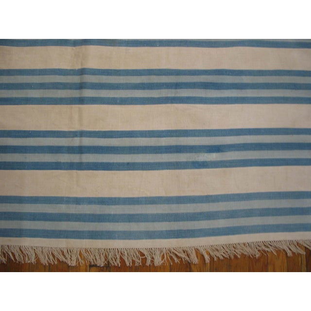 Striking Example of Minimalist With Multi Blue Stripe Dhurrie Style Antique Indian Cotton Rug For Sale - Image 11 of 11