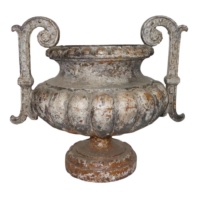 Antique French Cast Iron Garden Urn With Scrolled Arms For Sale