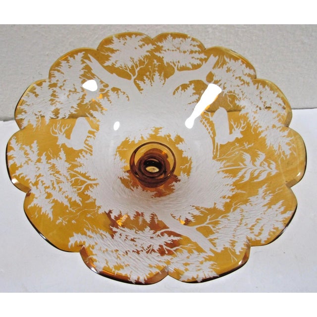 Mid 19th Century Bohemian Amber Compote Cut Crystal Engraved Country Scene of Deer For Sale - Image 4 of 12
