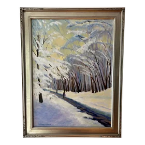 Modern Oil on Canvas Signed Framed Winter Alley