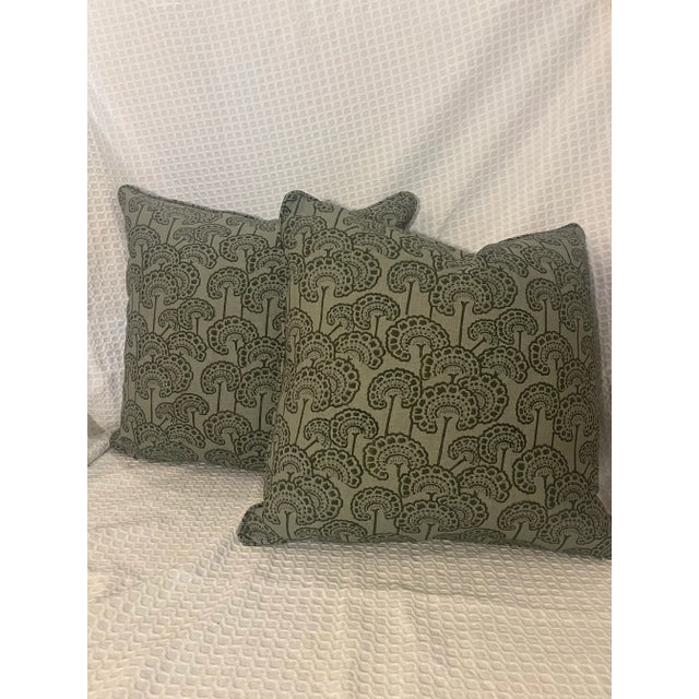 Pair of Square Green Blockprint Style Fabric Pillow Covers For Sale - Image 4 of 4