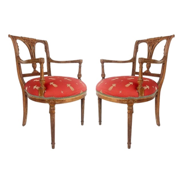 Antique Carved Venetian Plastered Wood Armchairs With Pineapple Seats For Sale