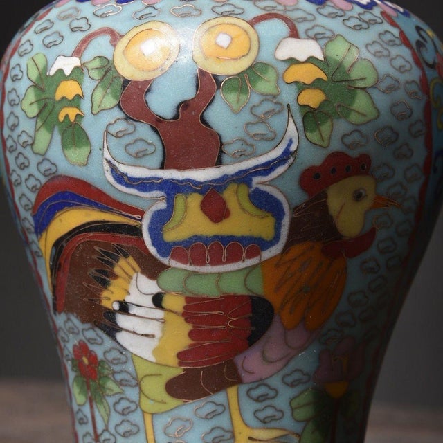 Metal Pair of Vintage Chinese Cloisonné "Rooster & Flowers" Ginger Jars For Sale - Image 7 of 8