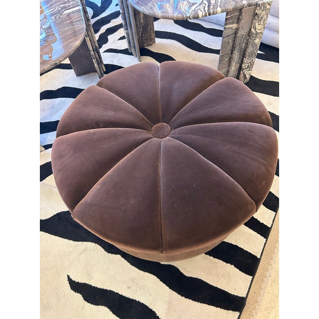 Traditional Brown Round Luxurious Velvet Ottoman Pouf For Sale - Image 3 of 6