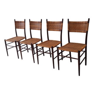 Teak Dining Chairs with Patinated Cane Seats and Backs after Gio Ponti, Italy, 1950s, Set of 4 For Sale