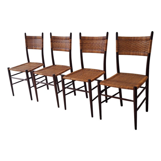Teak Dining Chairs with Patinated Cane Seats and Backs after Gio Ponti, Italy, 1950s, Set of 4 For Sale