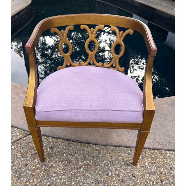 Mid Twentieth Century Dorothy Draper Style Hollywood Regency Gold Barrel Back Accent Chair by Drexel For Sale - Image 9 of 10