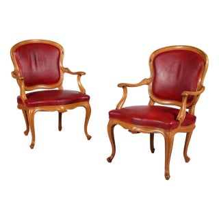 Set of Danish Rococo Armchairs in Walnut and Red Aniline Leather, 1880 For Sale