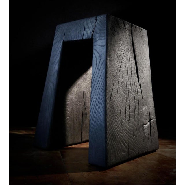 Charred & oiled oak stool, 309, by fritz baumann handmade dimensions: d 28 x w 28 x h 53 cm materials: oak handmade from...