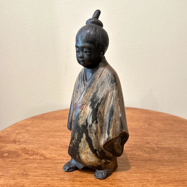 Japanese Vintage Japanese Bronze Sculpture of Young Monk Artist Signed Stamp Original For Sale - Image 3 of 13