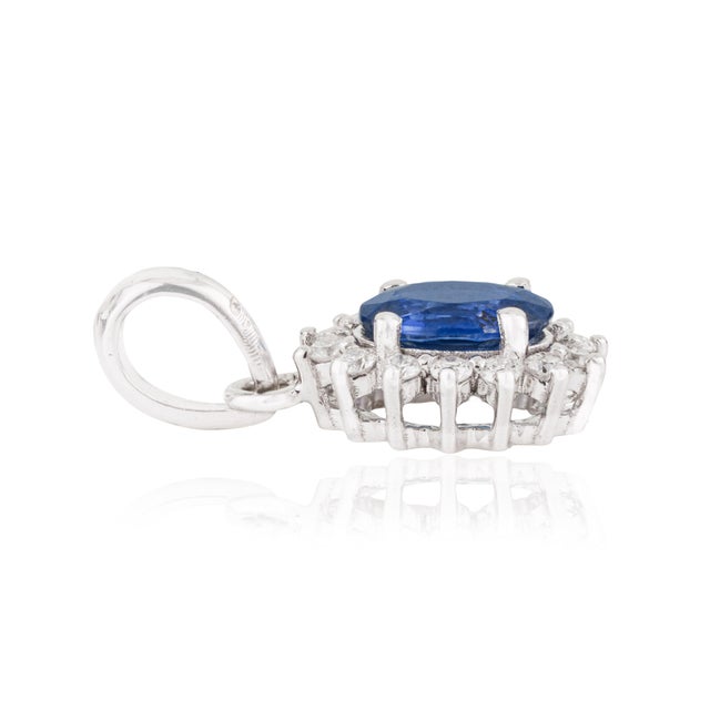 Oval Cut Blue Sapphire Diamond Halo Vintage Pendant in 14k White Gold For Sale In New York - Image 6 of 12