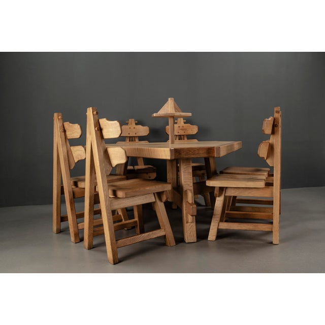 Brutalist Triangular Oak Dining Table and Chairs, Netherlands, 1960s, Set of 8 For Sale - Image 14 of 18