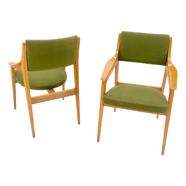Pair of c1950s Blond Birch Scandinavian Swedish Arm Chairs Green Upholstery For Sale