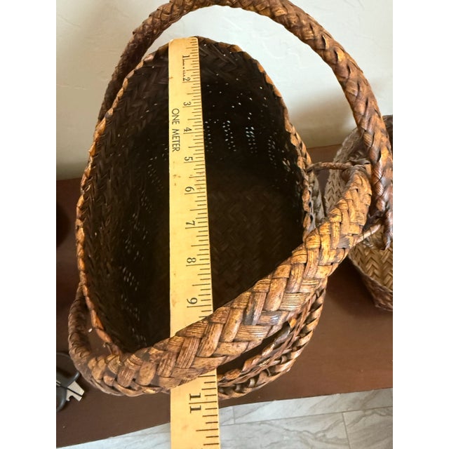 Mid 20th Century Vintage Asian Woven Rattan Bamboo Rice Traditional Harvest Basket Wicker Backpack For Sale - Image 5 of 11