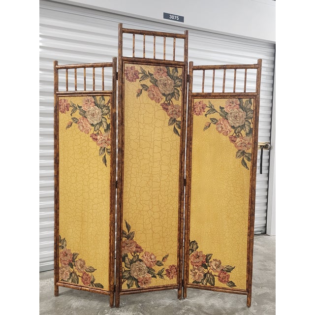 Vintage tortoise bamboo 3-fold screen room devider. Featuring yellow mustard painted crackled finish, with floral motif...