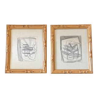 1950’s 2 Original Abstract Pencil Drawings Vintage Faux Bamboo Frames-A Pair For Sale